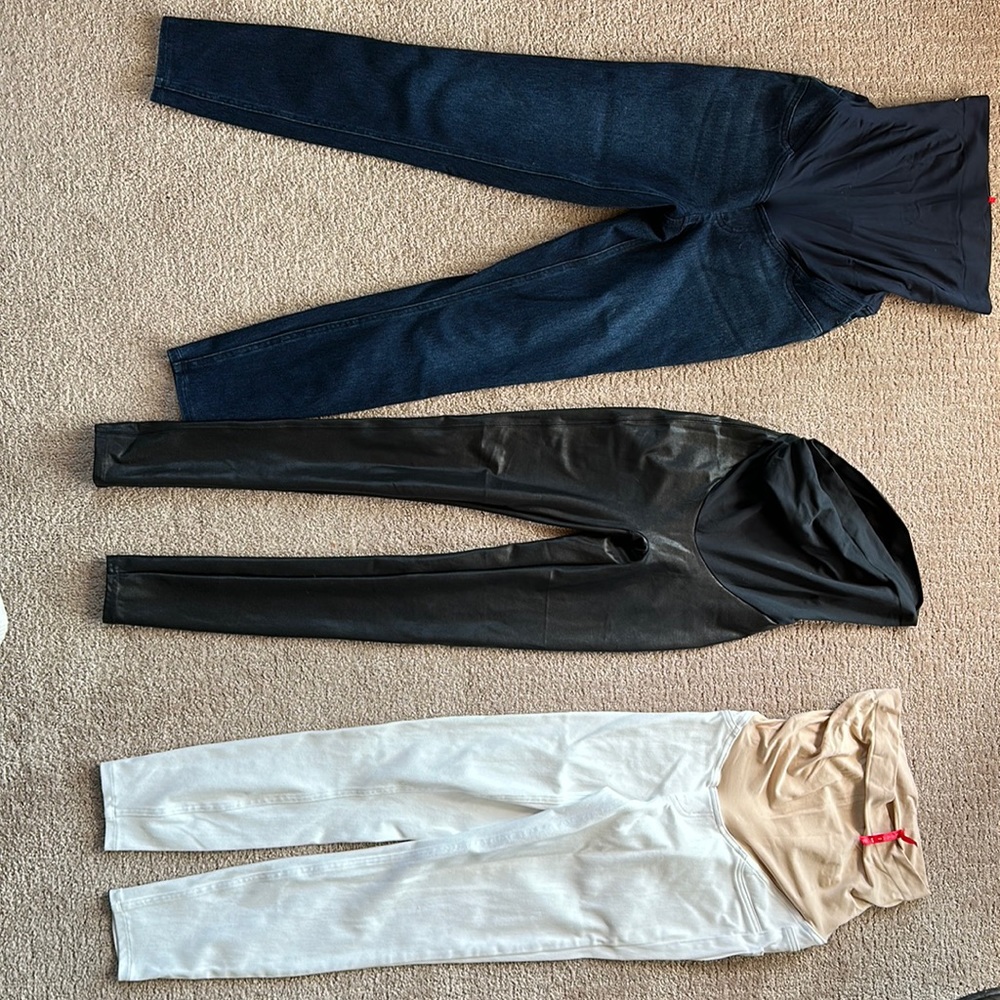Spanx Maternity pants. (1) blue denim (1) white denim (1) faux leather